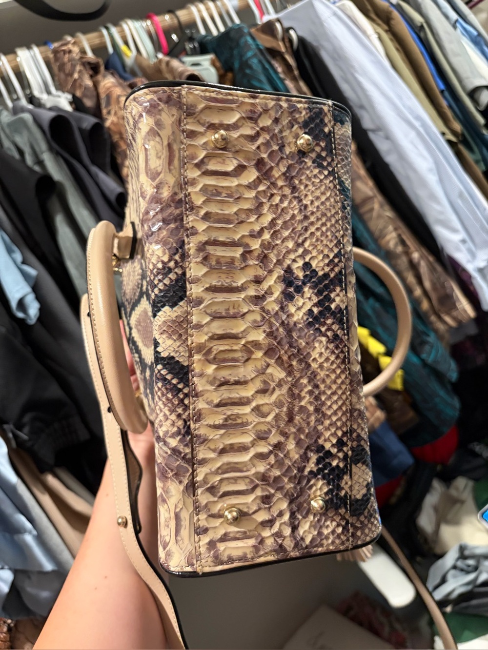 Brahmin Taupe and Beige Python-Print Satchel with Tassel - Picture 2 of 5